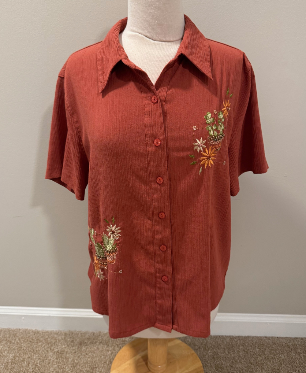 Alfred Dunner Womens 16P Blouse Rust Terracotta Embroidered Cactus Cottagecore